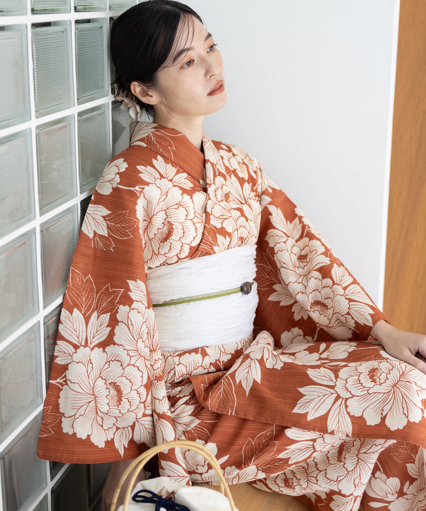 こだわり浴衣5点セット (浴衣/帯/下駄/腰紐/着付け冊子) 麻混 綿麻 楊柳生地 オレンジ 芍薬
