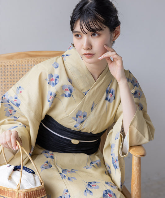 こだわり浴衣 5点セット (浴衣/帯/下駄/腰紐/着付け冊子) 変わり織生地 ベージュ スミクロ