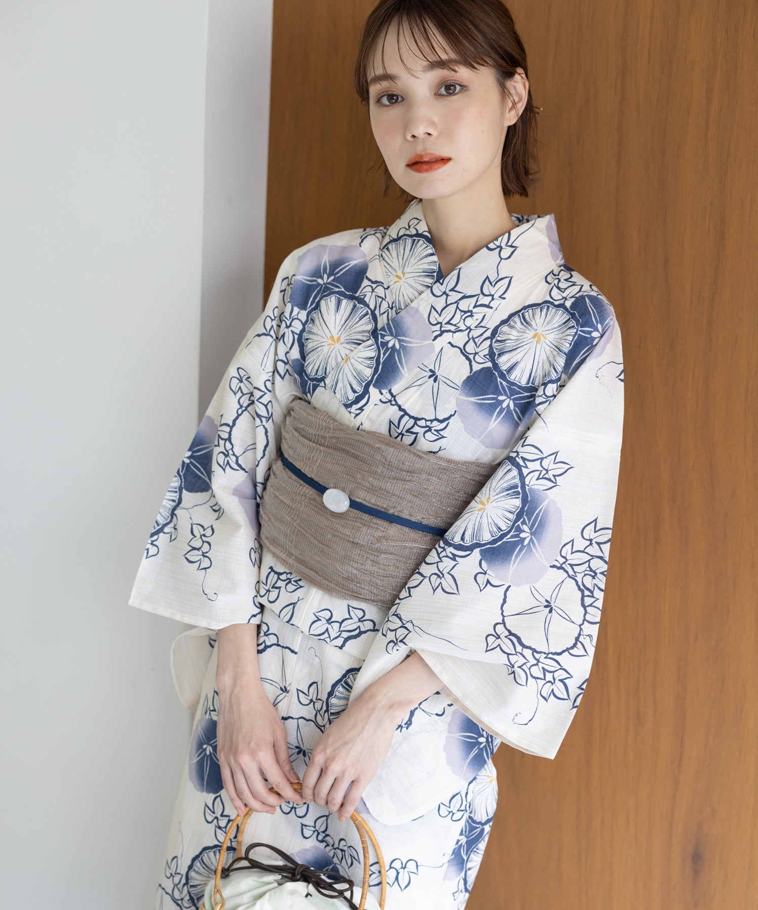 こだわり浴衣5点セット (浴衣/帯/下駄/腰紐/着付け冊子) 変わり織生地 ブルー ホワイト系 朝顔 アサガオ あさがお