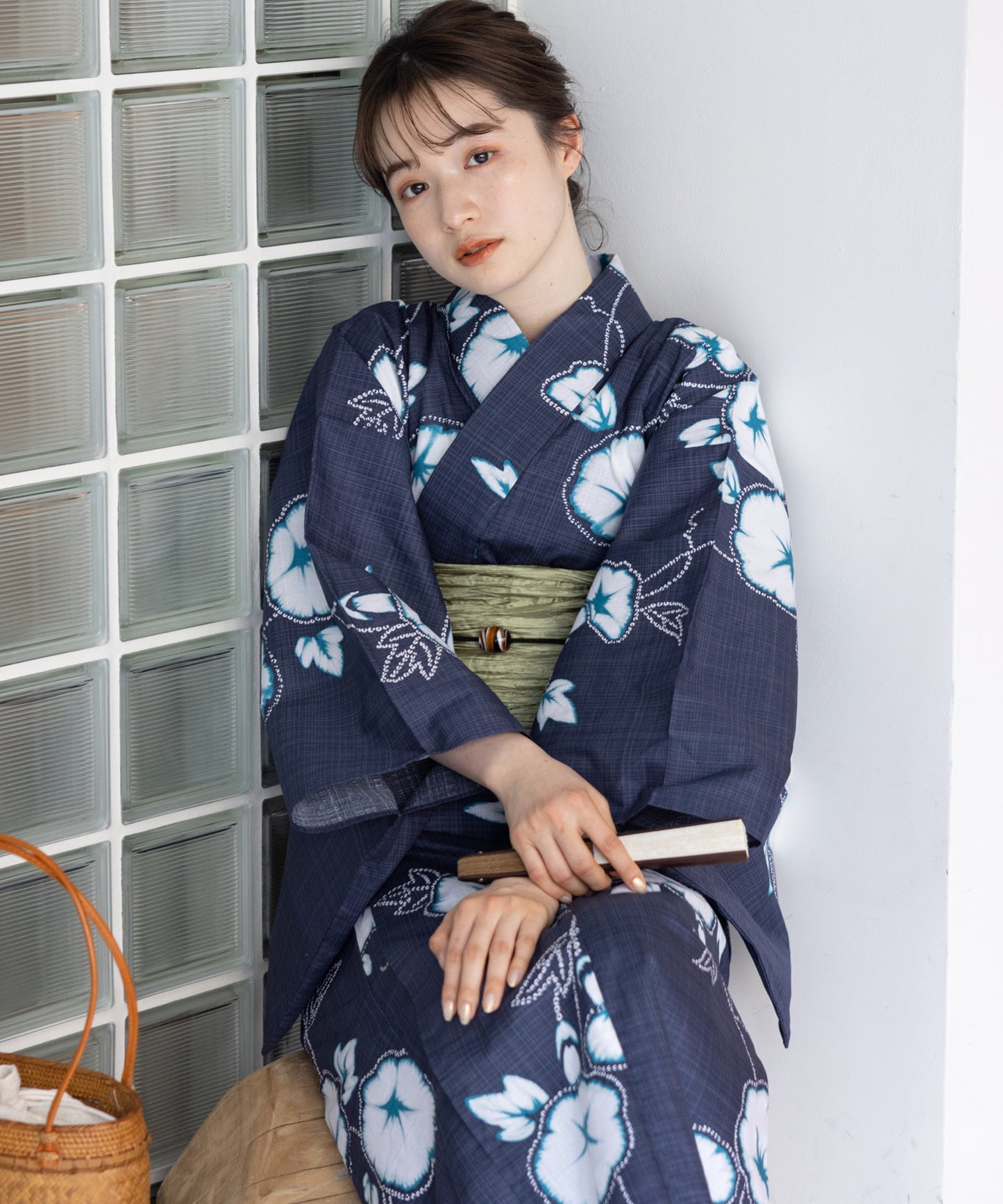 こだわり 浴衣 5点セット (浴衣/帯/下駄/腰紐/着付け冊子) 浴衣 レディース 浴衣 セット紺ネイビー朝顔