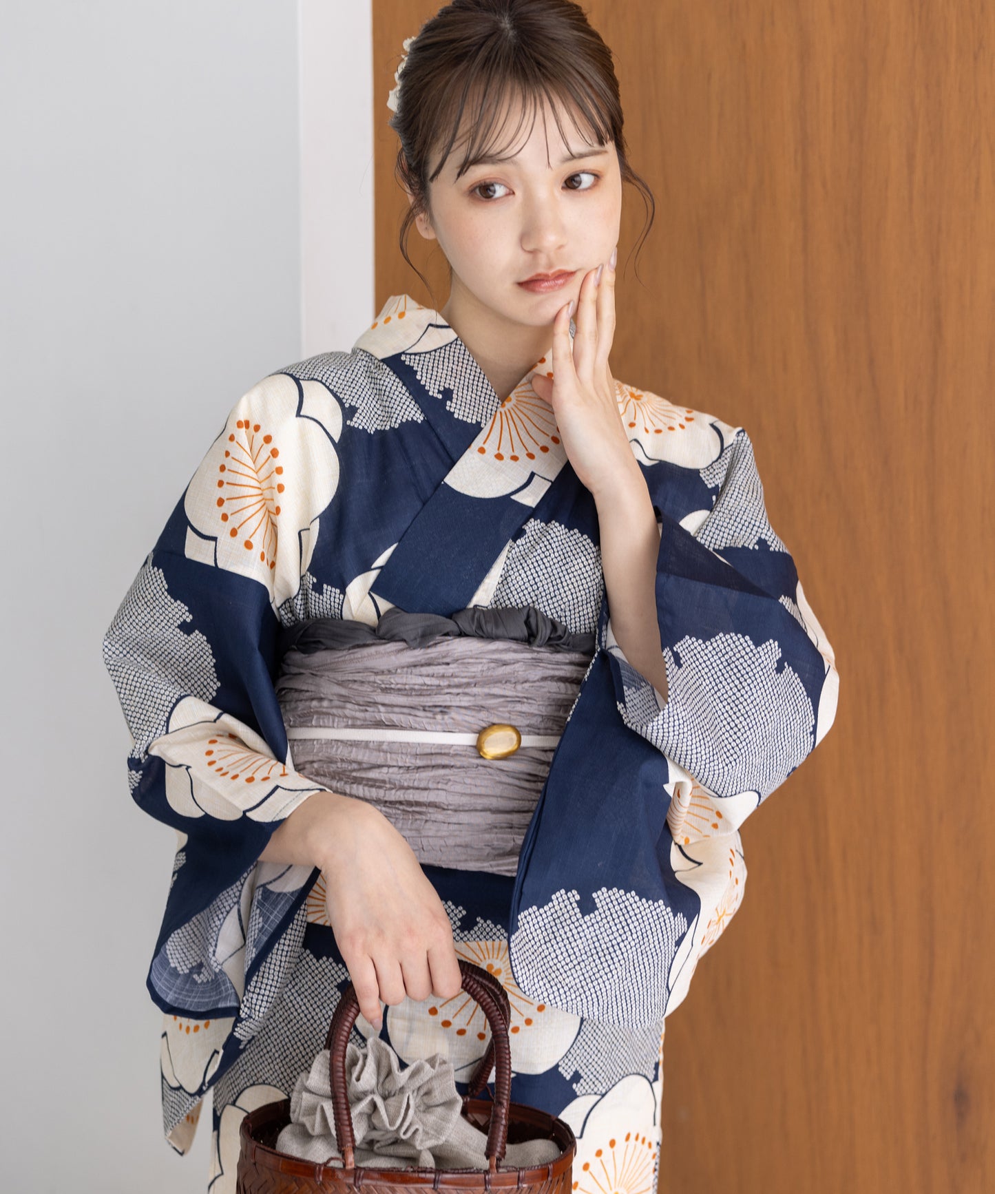 こだわり浴衣5点セット (浴衣/帯/下駄/腰紐/着付け冊子) 変わり織生地 ブルー 梅 梅の花 ウメ うめ