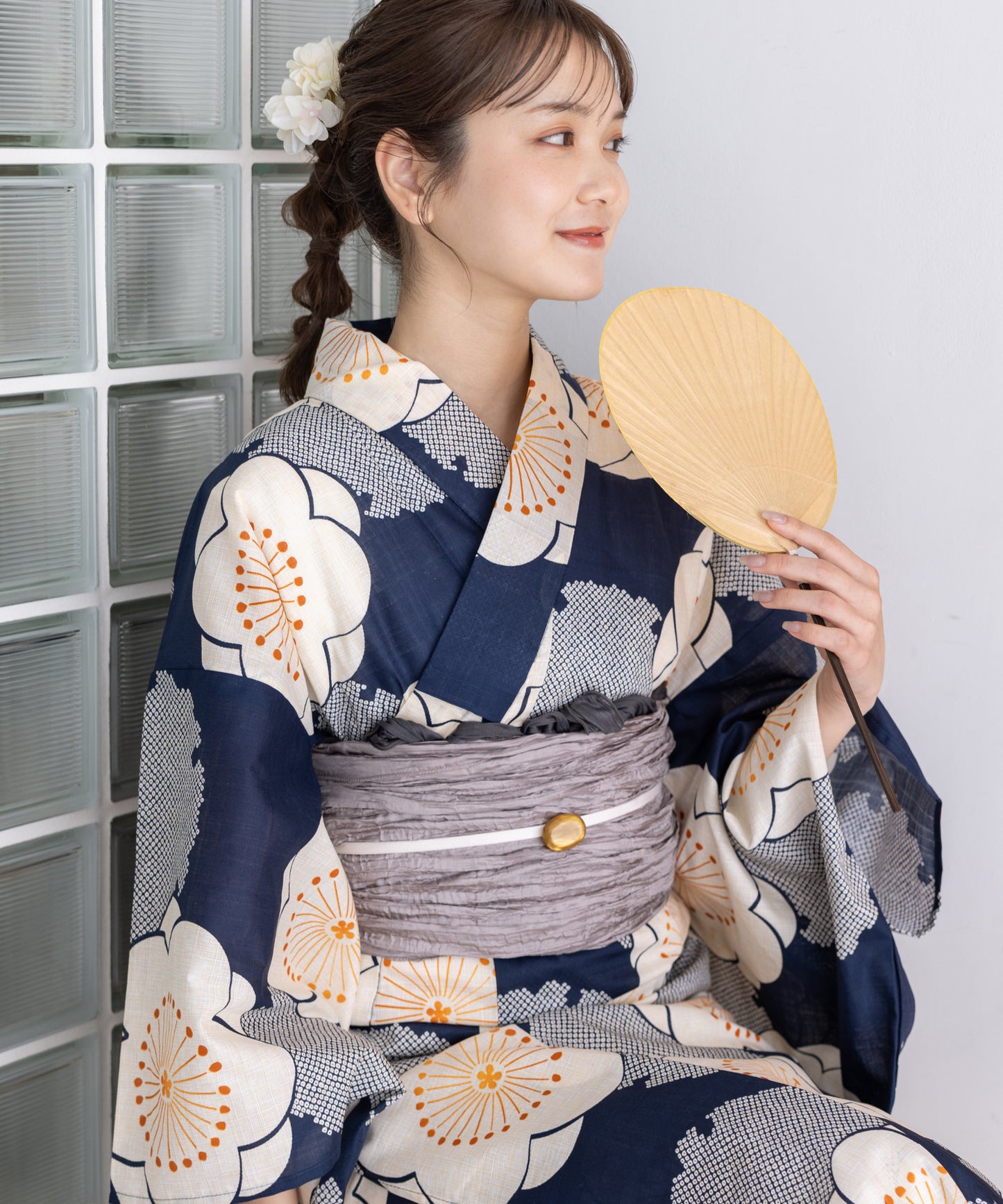 こだわり浴衣5点セット (浴衣/帯/下駄/腰紐/着付け冊子) 変わり織生地 ブルー 梅 梅の花 ウメ うめ