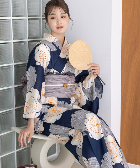 こだわり浴衣5点セット (浴衣/帯/下駄/腰紐/着付け冊子) 変わり織生地 ブルー 梅 梅の花 ウメ うめ