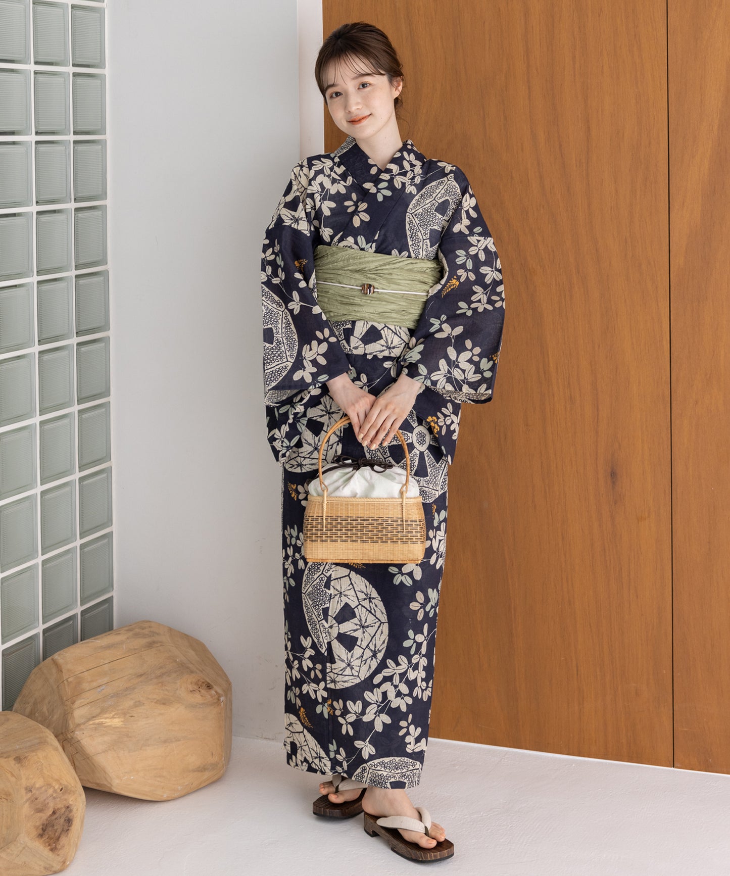 こだわり浴衣5点セット(浴衣/帯/下駄/腰紐/着付け冊子) 麻混 綿麻 先染め 生成 ブルー