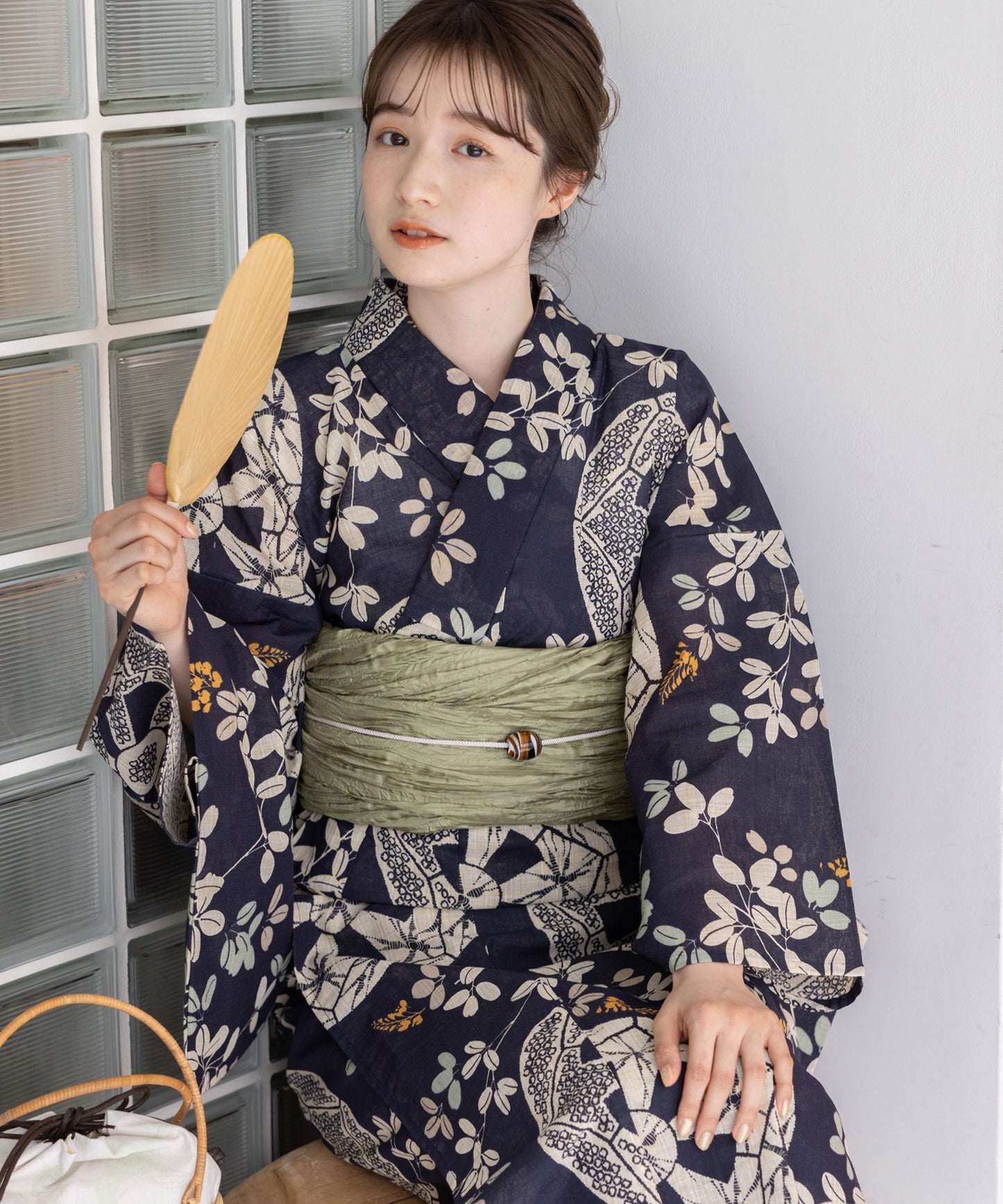 こだわり浴衣5点セット(浴衣/帯/下駄/腰紐/着付け冊子) 麻混 綿麻 先染め 生成 ブルー
