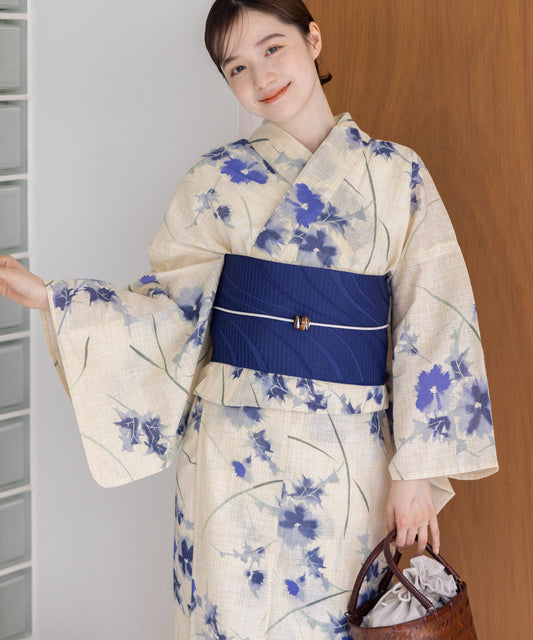 こだわり浴衣5点セット(浴衣/帯/下駄/腰紐/着付け冊子) 麻混 綿麻 先染め 生成 ブルー あざみ