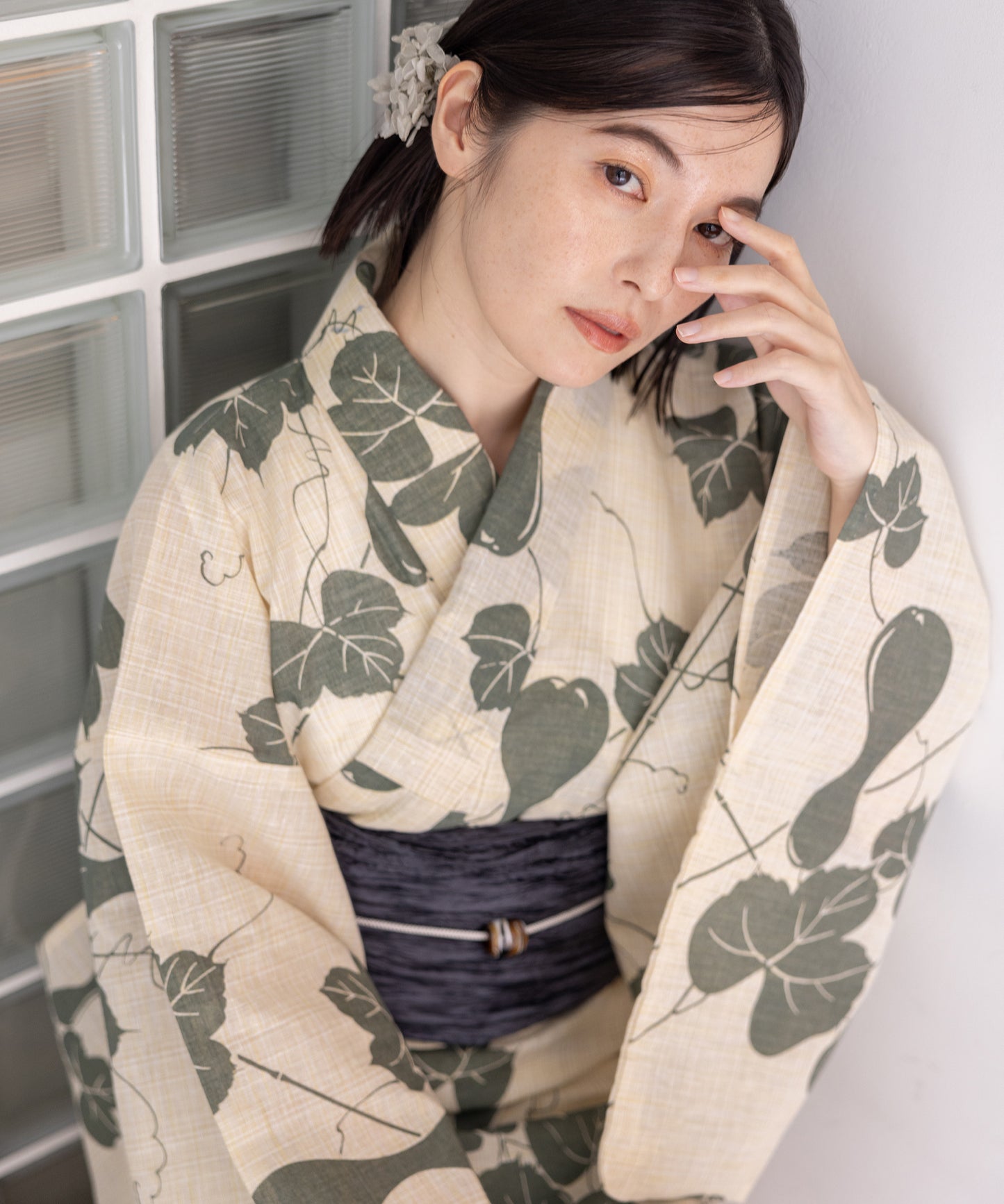こだわり浴衣5点セット(浴衣/帯/下駄/腰紐/着付け冊子) 麻混 綿麻 先染め 生成 グリーン 瓢箪