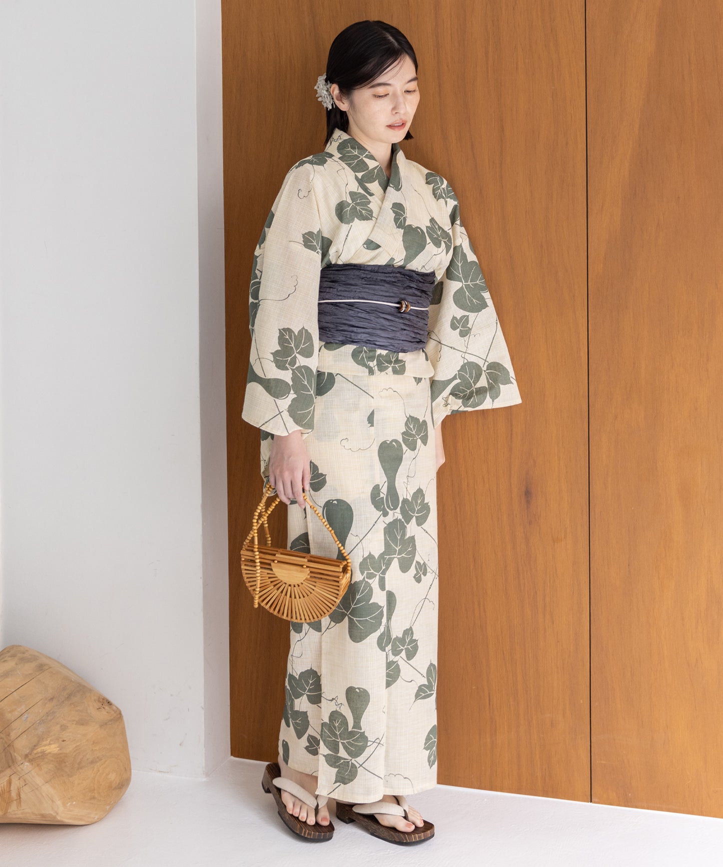 こだわり浴衣5点セット(浴衣/帯/下駄/腰紐/着付け冊子) 麻混 綿麻 先染め 生成 グリーン 瓢箪