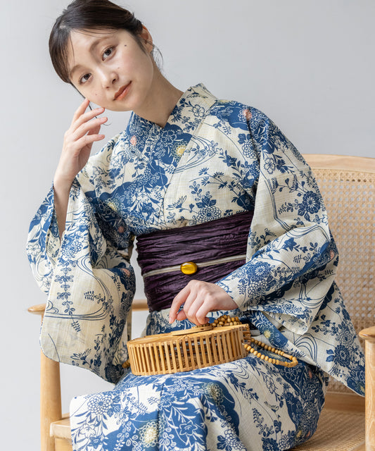 こだわり浴衣5点セット (浴衣/帯/下駄/腰紐/着付け冊子) 麻混 綿麻 先染め 生成 ブルー 古典