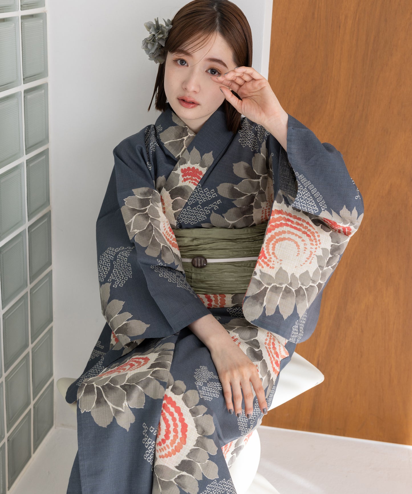 こだわり浴衣5点セット (浴衣/帯/下駄/腰紐/着付け冊子) 麻混 綿麻 生成 グレー 向日葵 ヒマワリ ひまわり