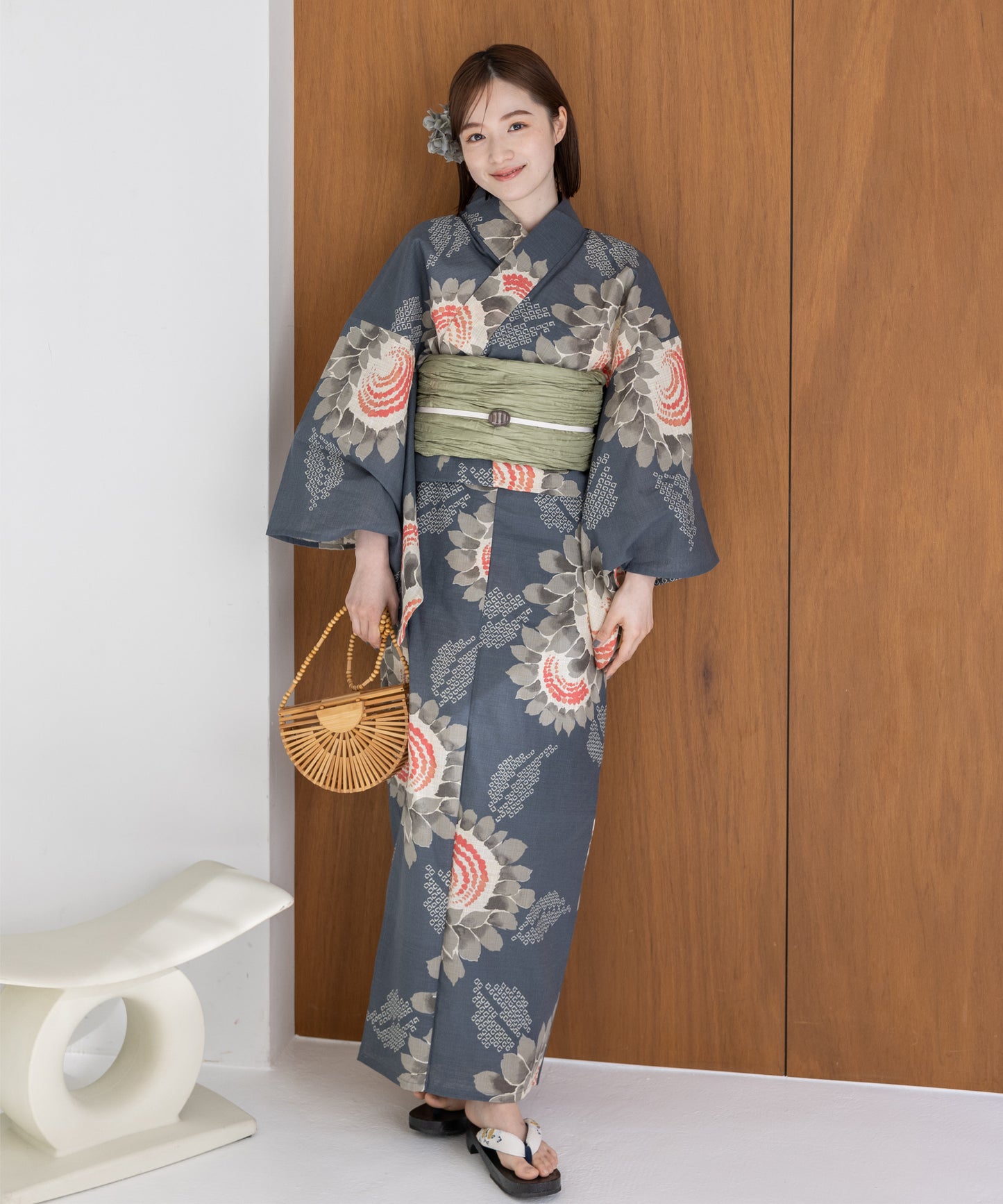 こだわり浴衣5点セット (浴衣/帯/下駄/腰紐/着付け冊子) 麻混 綿麻 生成 グレー 向日葵 ヒマワリ ひまわり