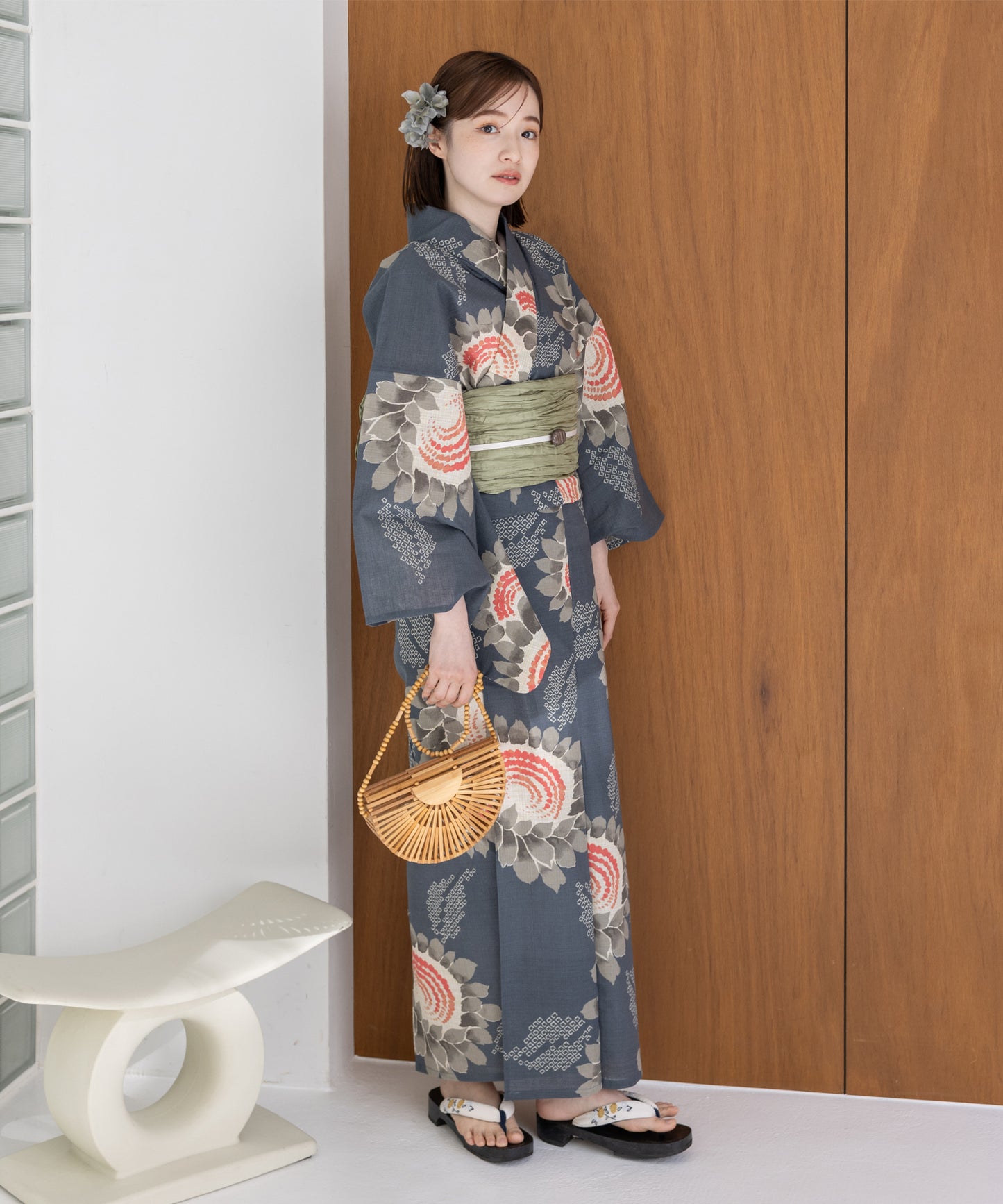こだわり浴衣5点セット (浴衣/帯/下駄/腰紐/着付け冊子) 麻混 綿麻 生成 グレー 向日葵 ヒマワリ ひまわり