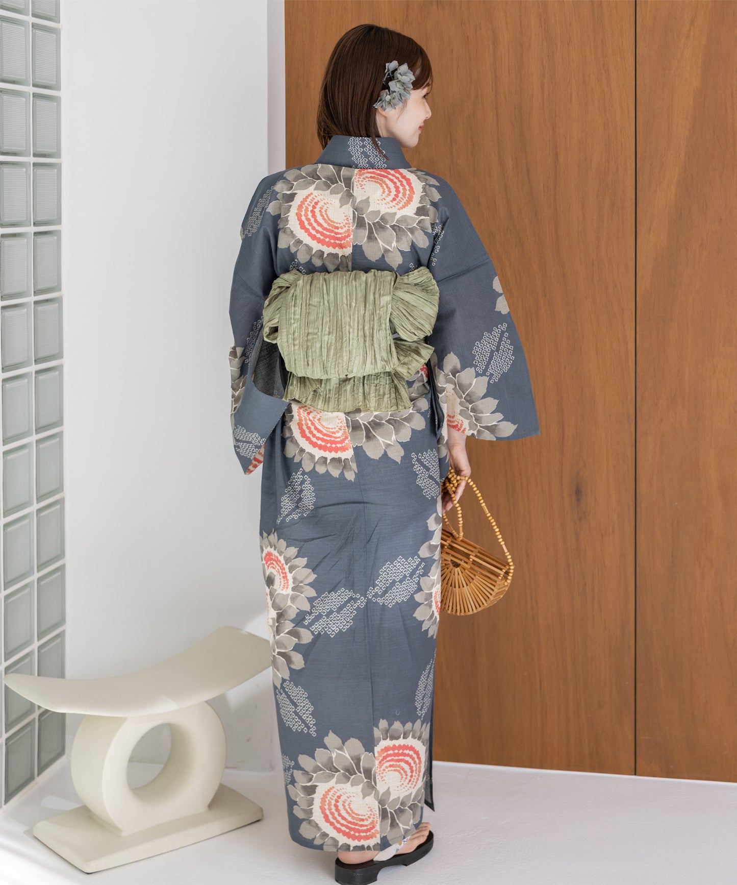 こだわり浴衣5点セット (浴衣/帯/下駄/腰紐/着付け冊子) 麻混 綿麻 生成 グレー 向日葵 ヒマワリ ひまわり