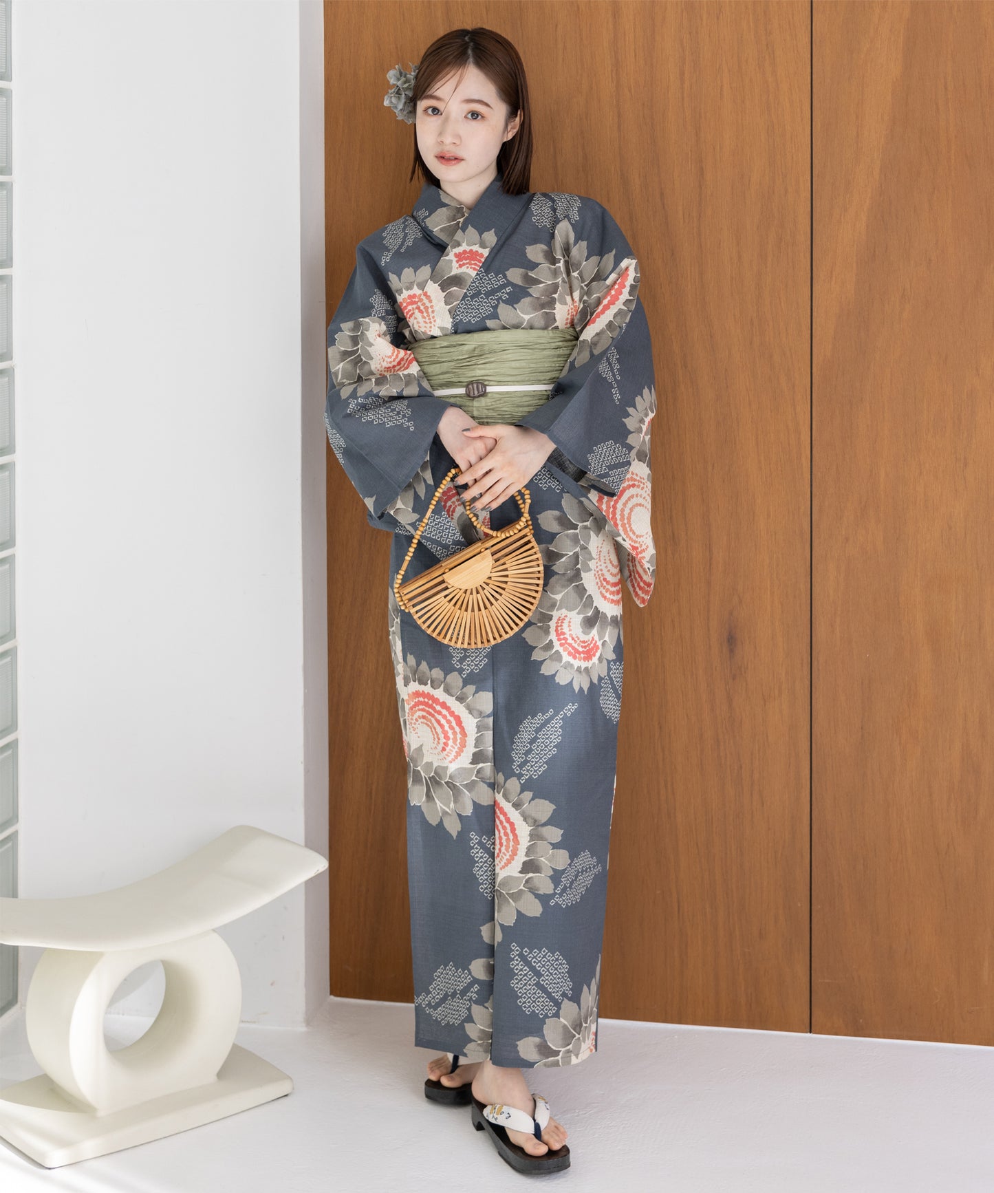 こだわり浴衣5点セット (浴衣/帯/下駄/腰紐/着付け冊子) 麻混 綿麻 生成 グレー 向日葵 ヒマワリ ひまわり