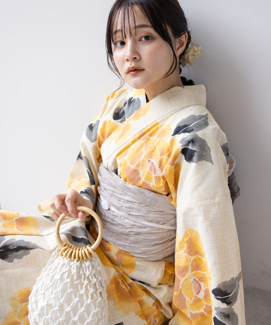 こだわり浴衣5点セット (浴衣/帯/下駄/腰紐/着付け冊子) 麻混 綿麻 先染め 生成 イエロー 牡丹 ボタン ぼたん