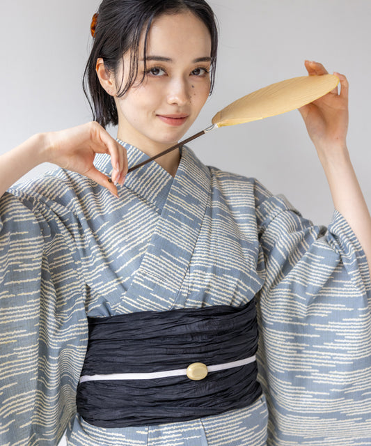こだわり浴衣5点セット (浴衣/帯/下駄/腰紐/着付け冊子) 麻混 綿麻 先染め 生成 ブルーグレー 縞 よろけ