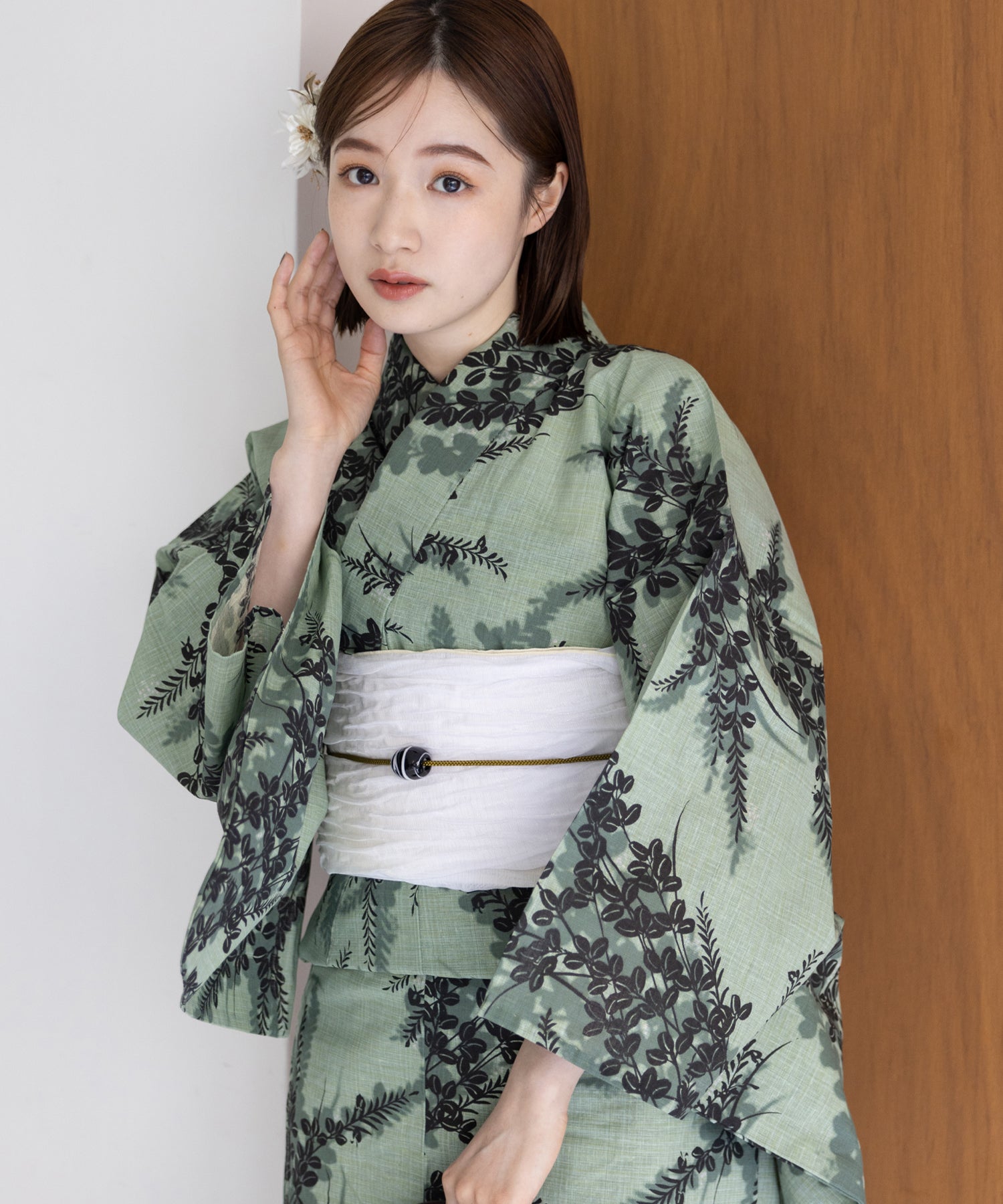 こだわり浴衣5点セット (浴衣/帯/下駄/腰紐/着付け冊子) 麻混 綿麻 先染め 生成 グリーン 萩 ハギ はぎ