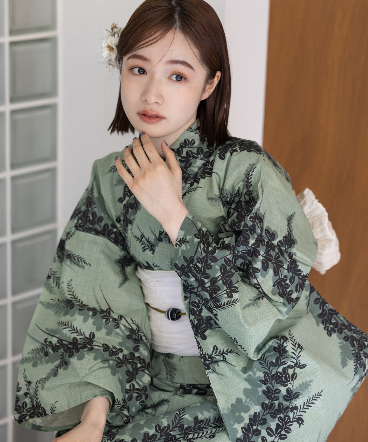 こだわり浴衣5点セット (浴衣/帯/下駄/腰紐/着付け冊子) 麻混 綿麻 先染め 生成 グリーン 萩 ハギ はぎ