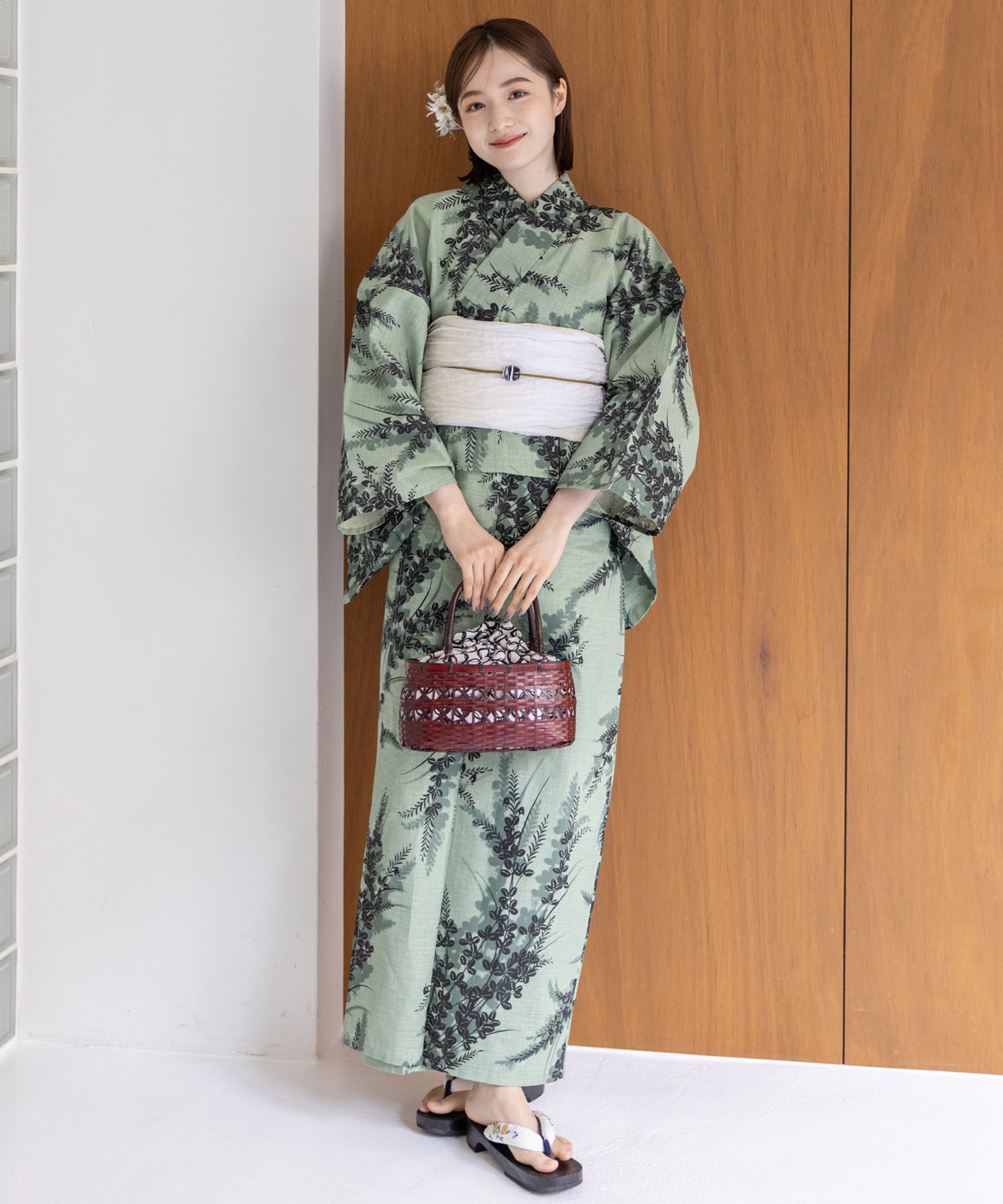 こだわり浴衣5点セット (浴衣/帯/下駄/腰紐/着付け冊子) 麻混 綿麻 先染め 生成 グリーン 萩 ハギ はぎ