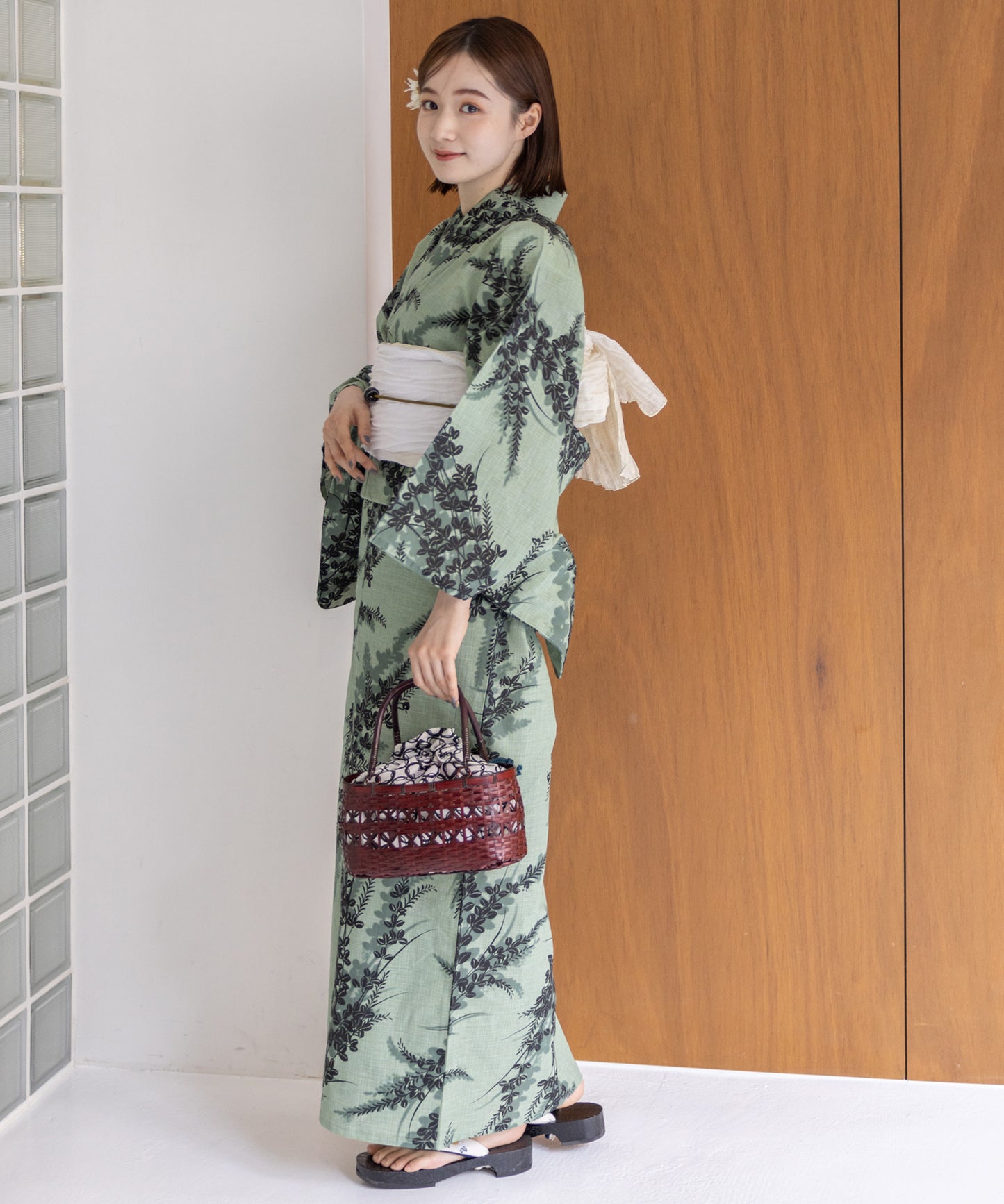 こだわり浴衣5点セット (浴衣/帯/下駄/腰紐/着付け冊子) 麻混 綿麻 先染め 生成 グリーン 萩 ハギ はぎ