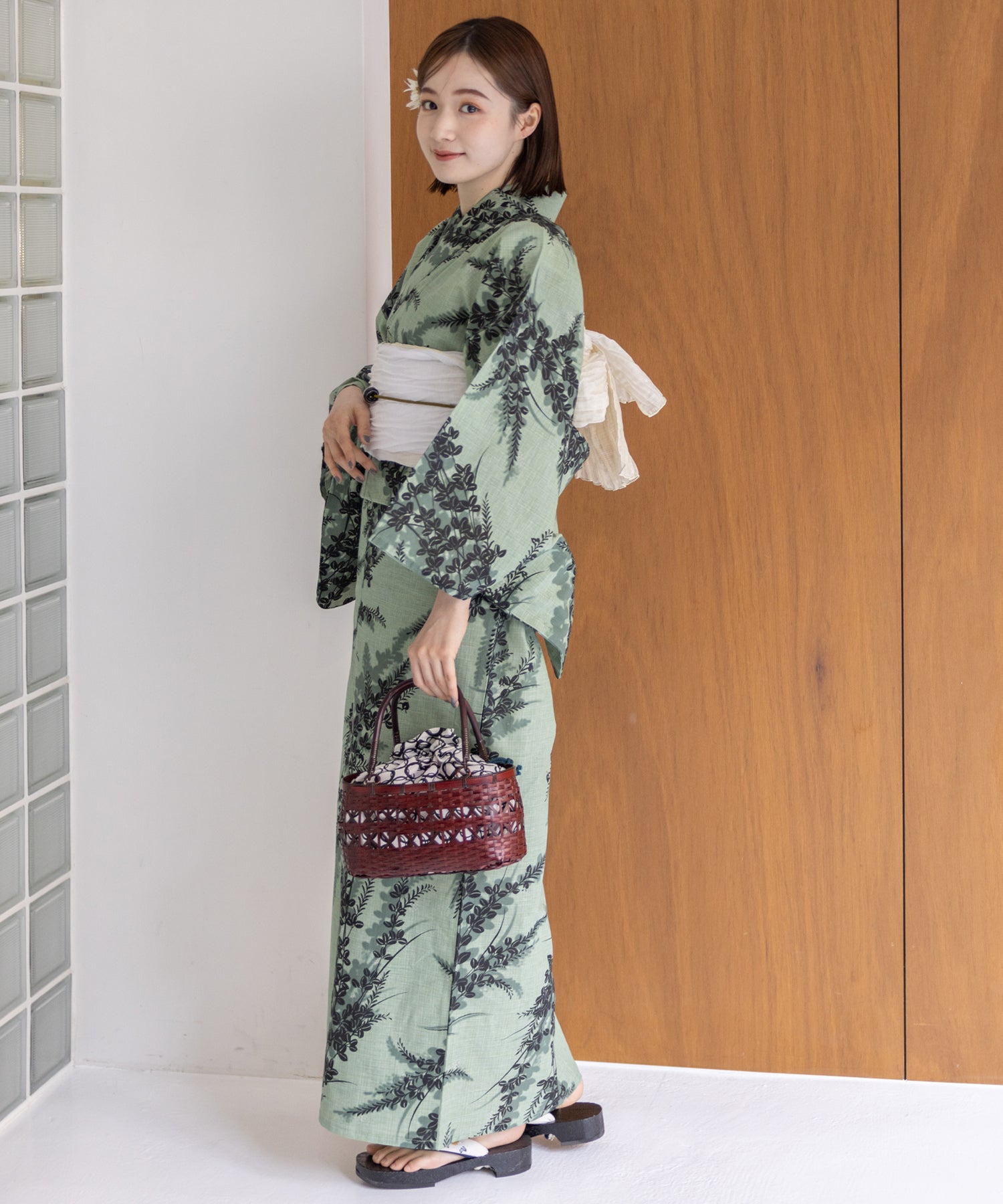 こだわり浴衣5点セット (浴衣/帯/下駄/腰紐/着付け冊子) 麻混 綿麻 先染め 生成 グリーン 萩 ハギ はぎ