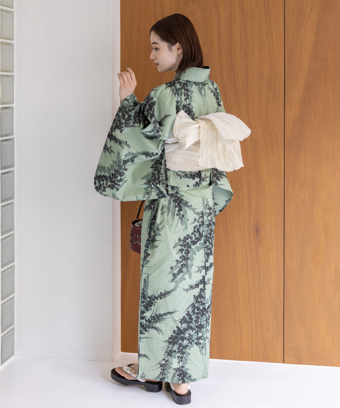 こだわり浴衣5点セット (浴衣/帯/下駄/腰紐/着付け冊子) 麻混 綿麻 先染め 生成 グリーン 萩 ハギ はぎ