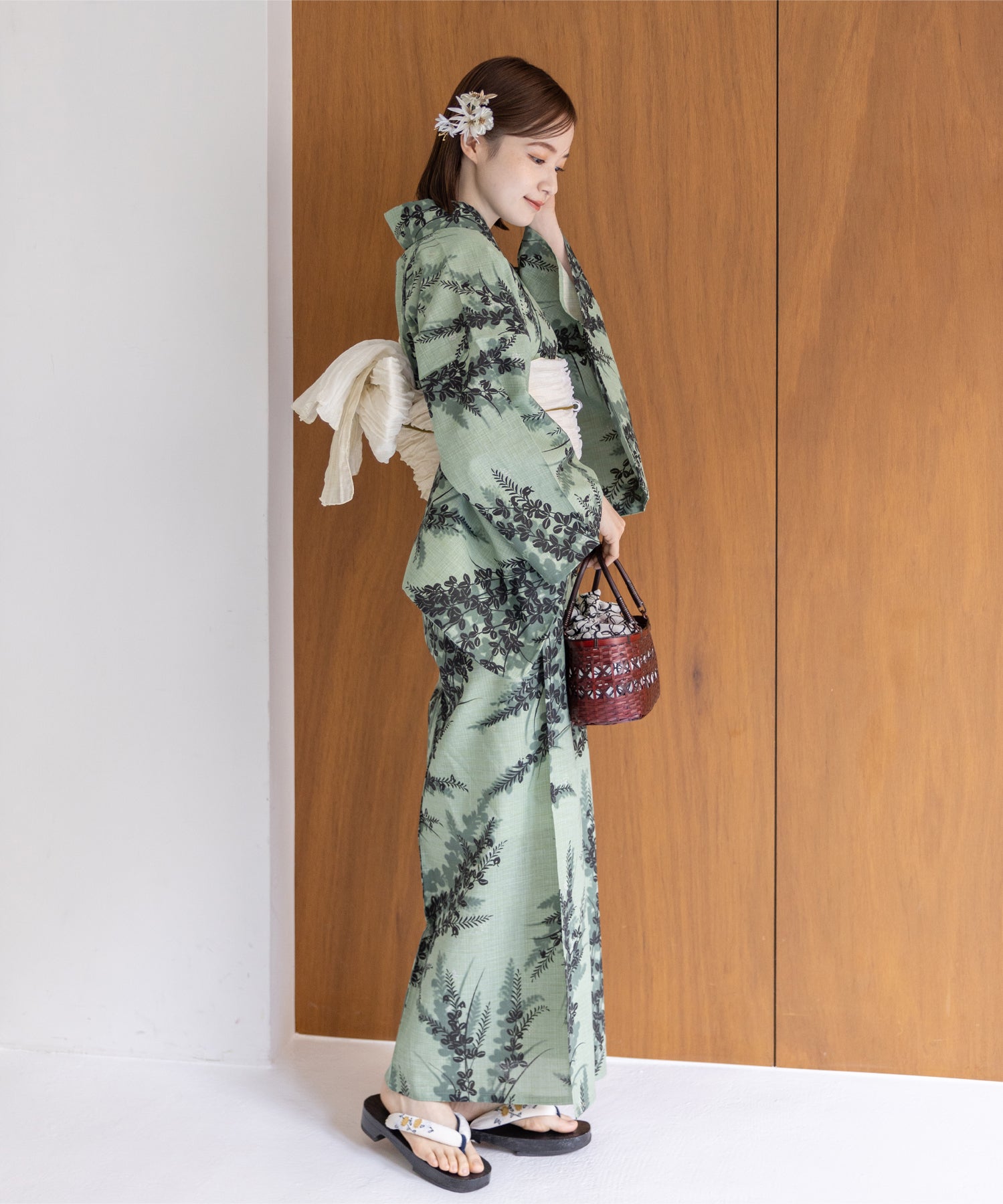 こだわり浴衣5点セット (浴衣/帯/下駄/腰紐/着付け冊子) 麻混 綿麻 先染め 生成 グリーン 萩 ハギ はぎ