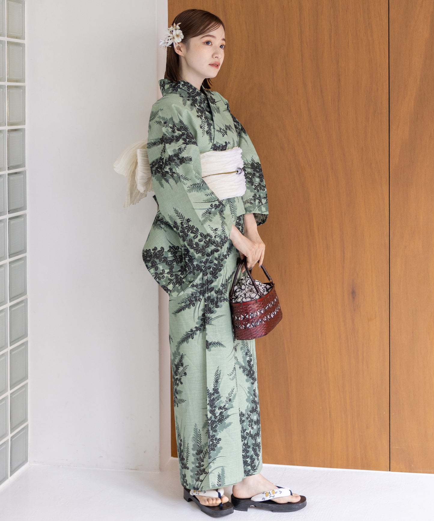 こだわり浴衣5点セット (浴衣/帯/下駄/腰紐/着付け冊子) 麻混 綿麻 先染め 生成 グリーン 萩 ハギ はぎ