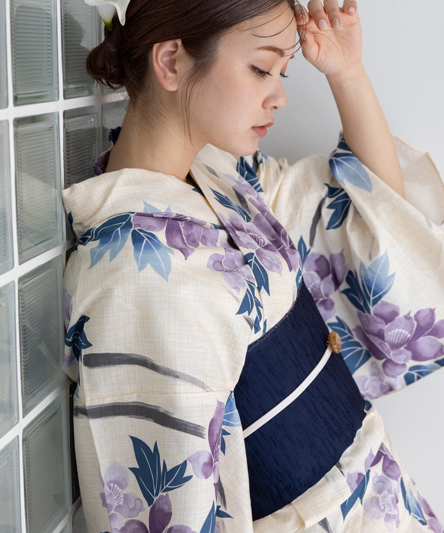こだわり浴衣5点セット (浴衣/帯/下駄/腰紐/着付け冊子) 浴衣 レディース 浴衣 セット 変わり織生地 ホワイト系 ブルー パープル