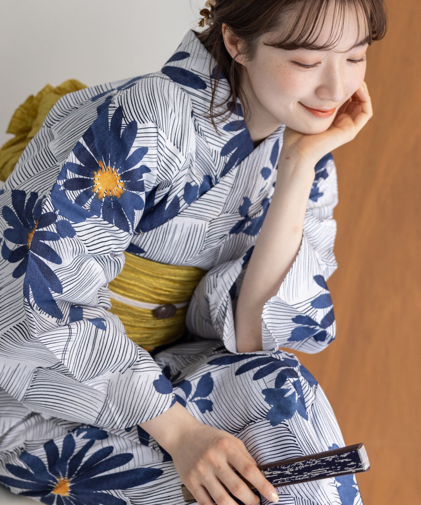 こだわり 浴衣 5点セット (浴衣/帯/下駄/腰紐/着付け冊子) 浴衣 レディース 浴衣 セット ブルー イエロー