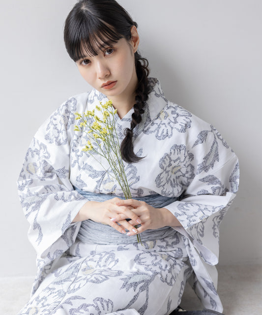 こだわり浴衣 5点セット (浴衣/帯/下駄/腰紐/着付け冊子) 変わり織生地 ホワイト マーガレット