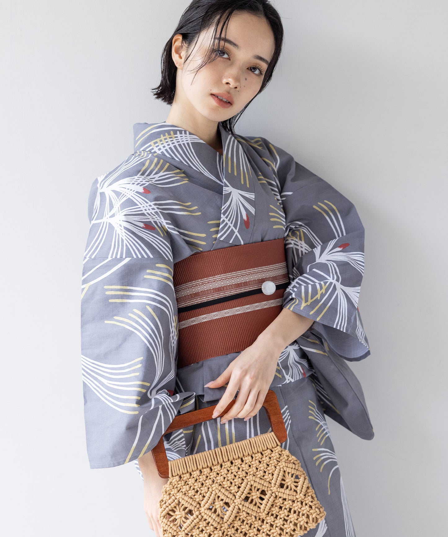 こだわり浴衣 5点セット (浴衣/帯/下駄/腰紐/着付け冊子) 変わり織生地 グレー