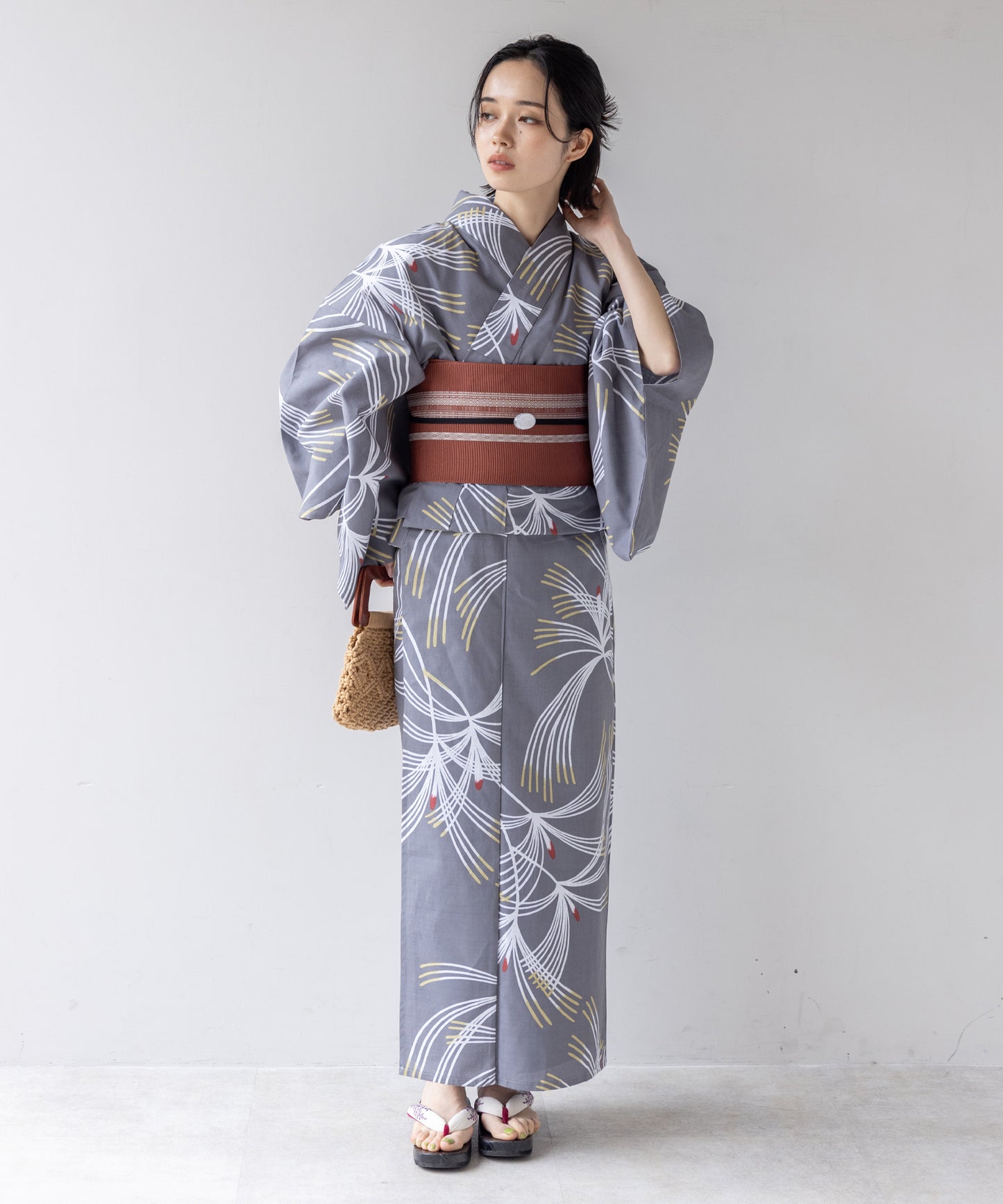 こだわり浴衣 5点セット (浴衣/帯/下駄/腰紐/着付け冊子) 変わり織生地 グレー