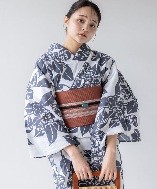 こだわり浴衣 5点セット (浴衣/帯/下駄/腰紐/着付け冊子) 変わり織生地 ホワイト系 ブラック 黒