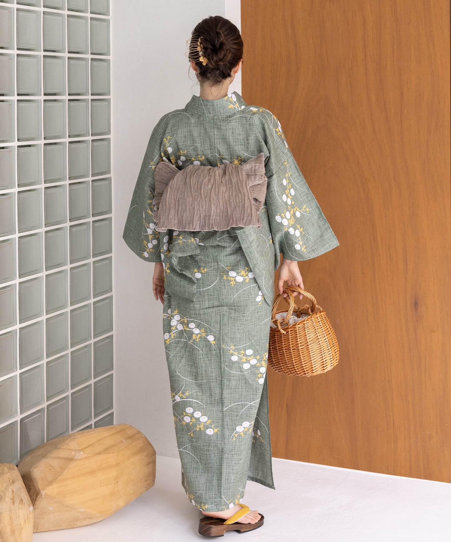 こだわり浴衣5点セット(浴衣/帯/下駄/腰紐/着付け冊子) 変わり織生地 グリーン 緑 露芝