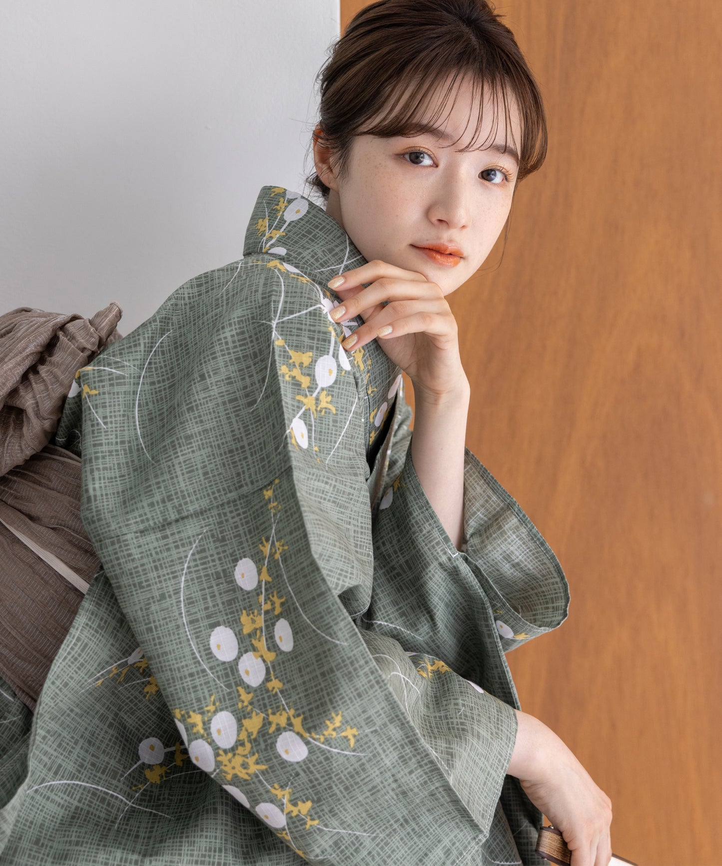 こだわり浴衣5点セット(浴衣/帯/下駄/腰紐/着付け冊子) 変わり織生地 グリーン 緑 露芝