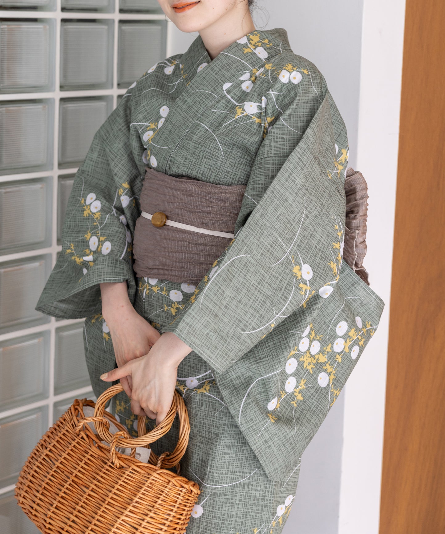 こだわり浴衣5点セット(浴衣/帯/下駄/腰紐/着付け冊子) 変わり織生地 グリーン 緑 露芝