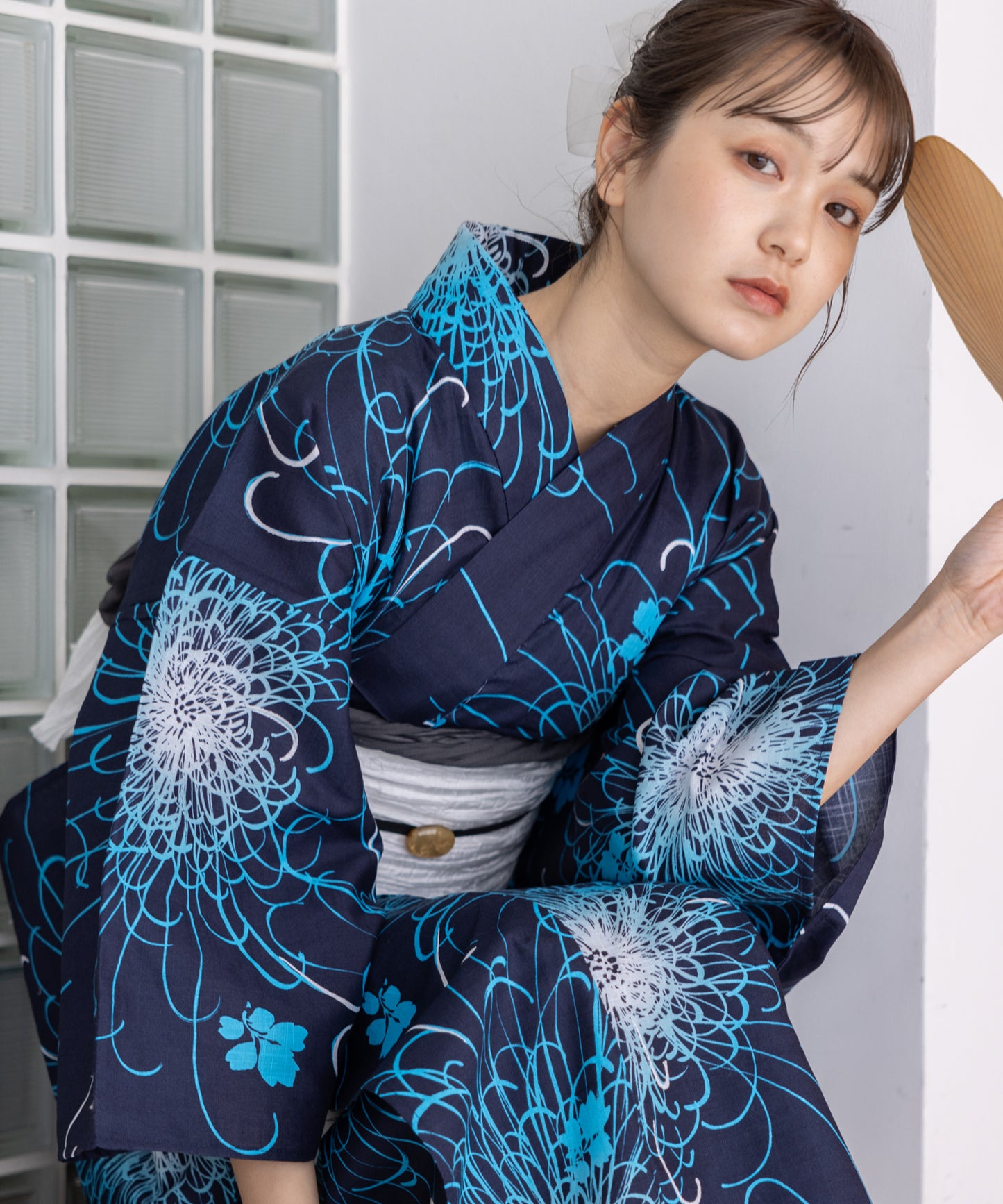 こだわり浴衣5点セット(浴衣/帯/下駄/腰紐/着付け冊子) 変わり織生地 ネイビー 紺 糸菊