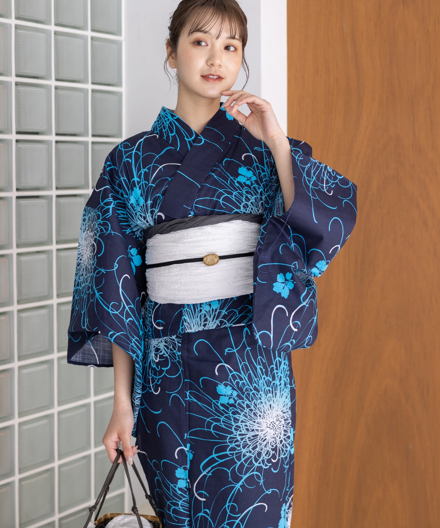 こだわり浴衣5点セット(浴衣/帯/下駄/腰紐/着付け冊子) 変わり織生地 ネイビー 紺 糸菊
