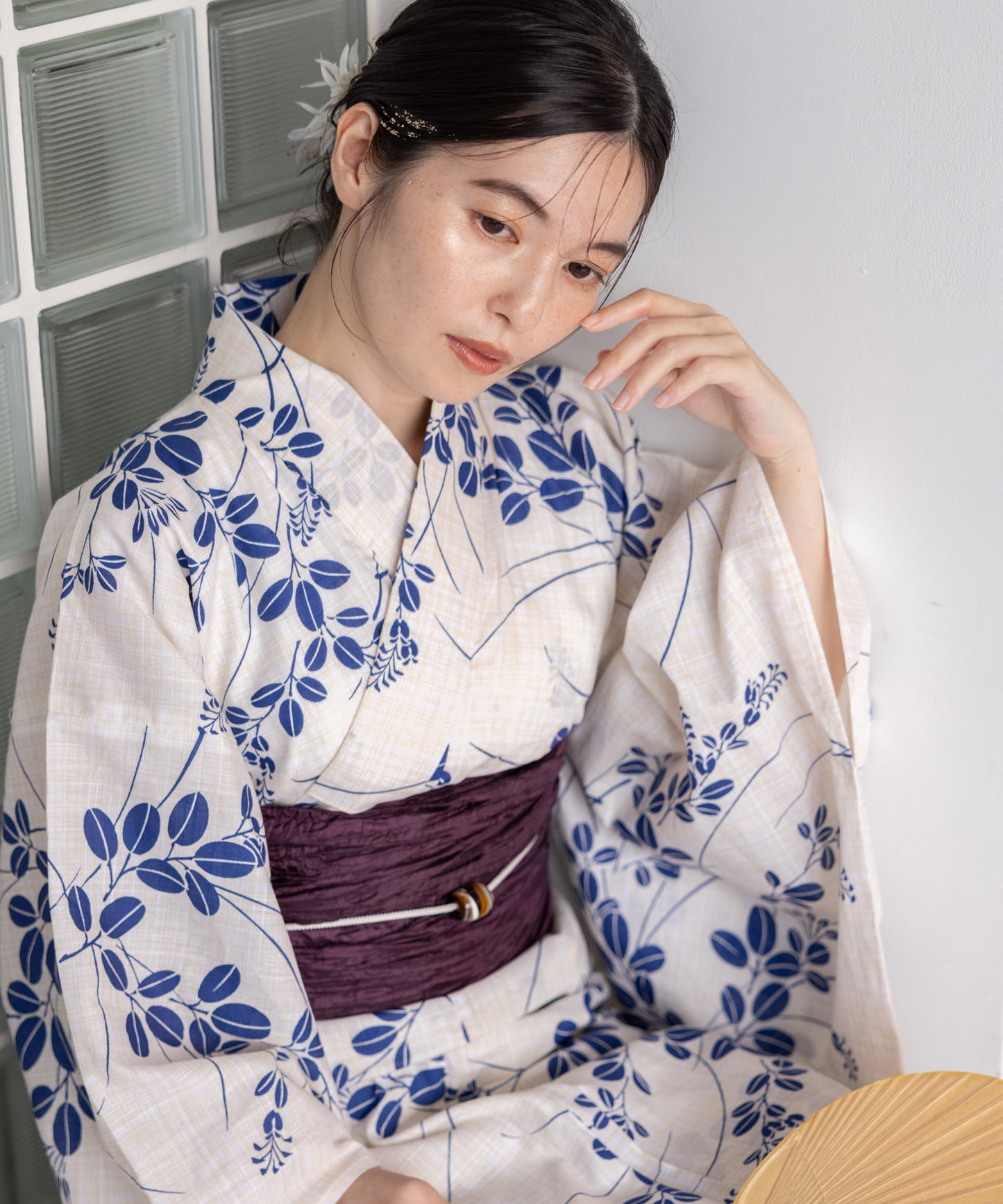 こだわり浴衣5点セット(浴衣/帯/下駄/腰紐/着付け冊子) 変わり織生地 ブルー ホワイト系