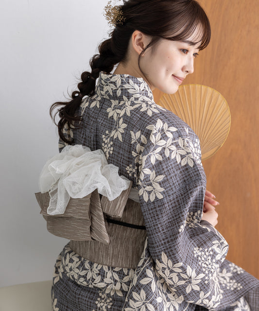 こだわり浴衣5点セット(浴衣/帯/下駄/腰紐/着付け冊子) 変わり織生地 ブラック 黒