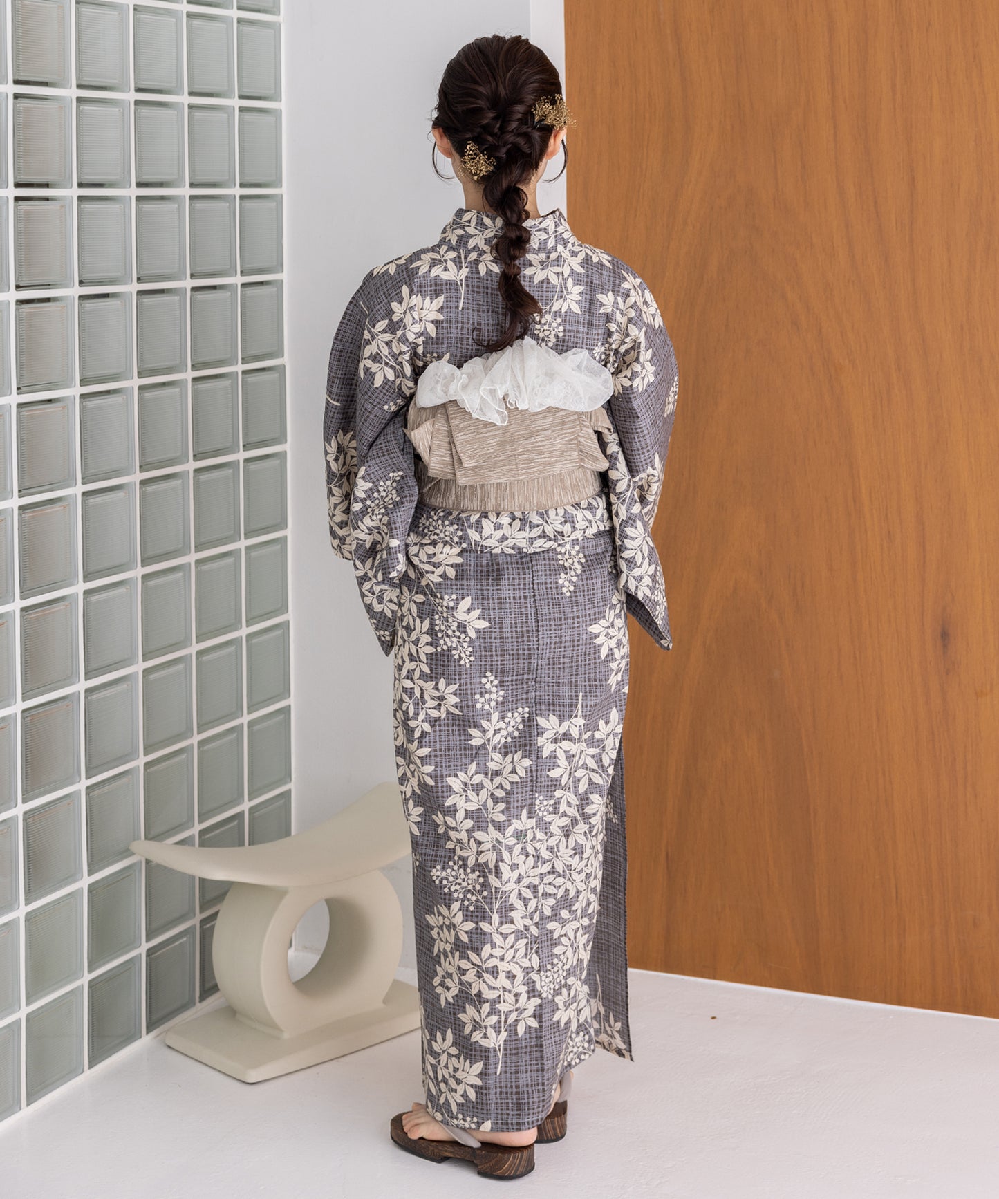 こだわり浴衣5点セット(浴衣/帯/下駄/腰紐/着付け冊子) 変わり織生地 ブラック 黒