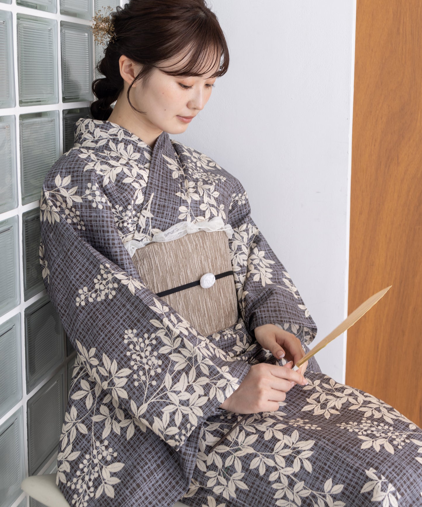 こだわり浴衣5点セット(浴衣/帯/下駄/腰紐/着付け冊子) 変わり織生地 ブラック 黒