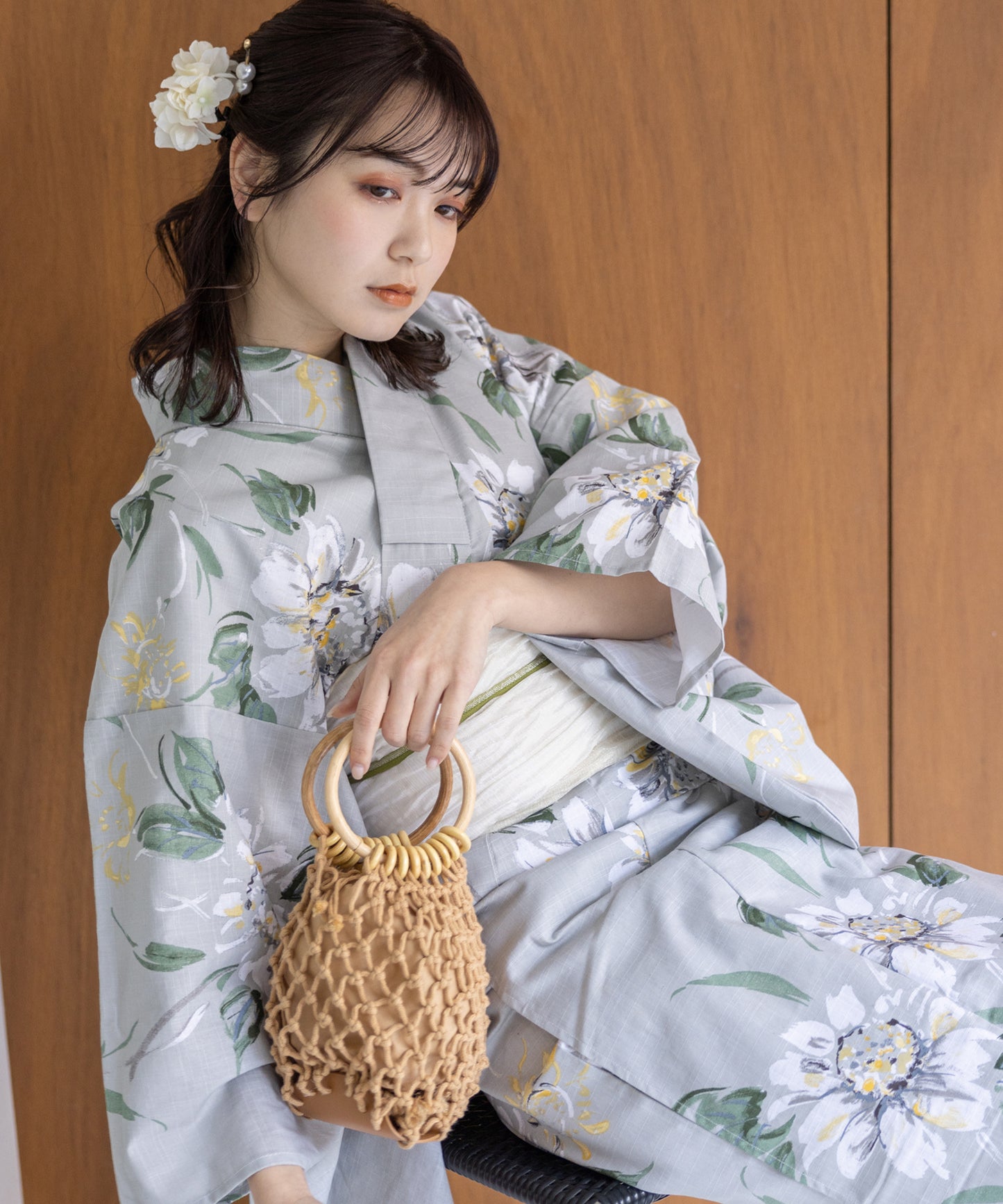 こだわり浴衣5点セット (浴衣/帯/下駄/腰紐/着付け冊子) 変わり織生地 ライトグレー グレー 向日葵 ヒマワリ ひまわり 手書き