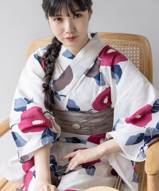 こだわり 浴衣 5点セット (浴衣/帯/下駄/腰紐/着付け冊子) ホワイト系 ピンク ブラウン 椿 つばき