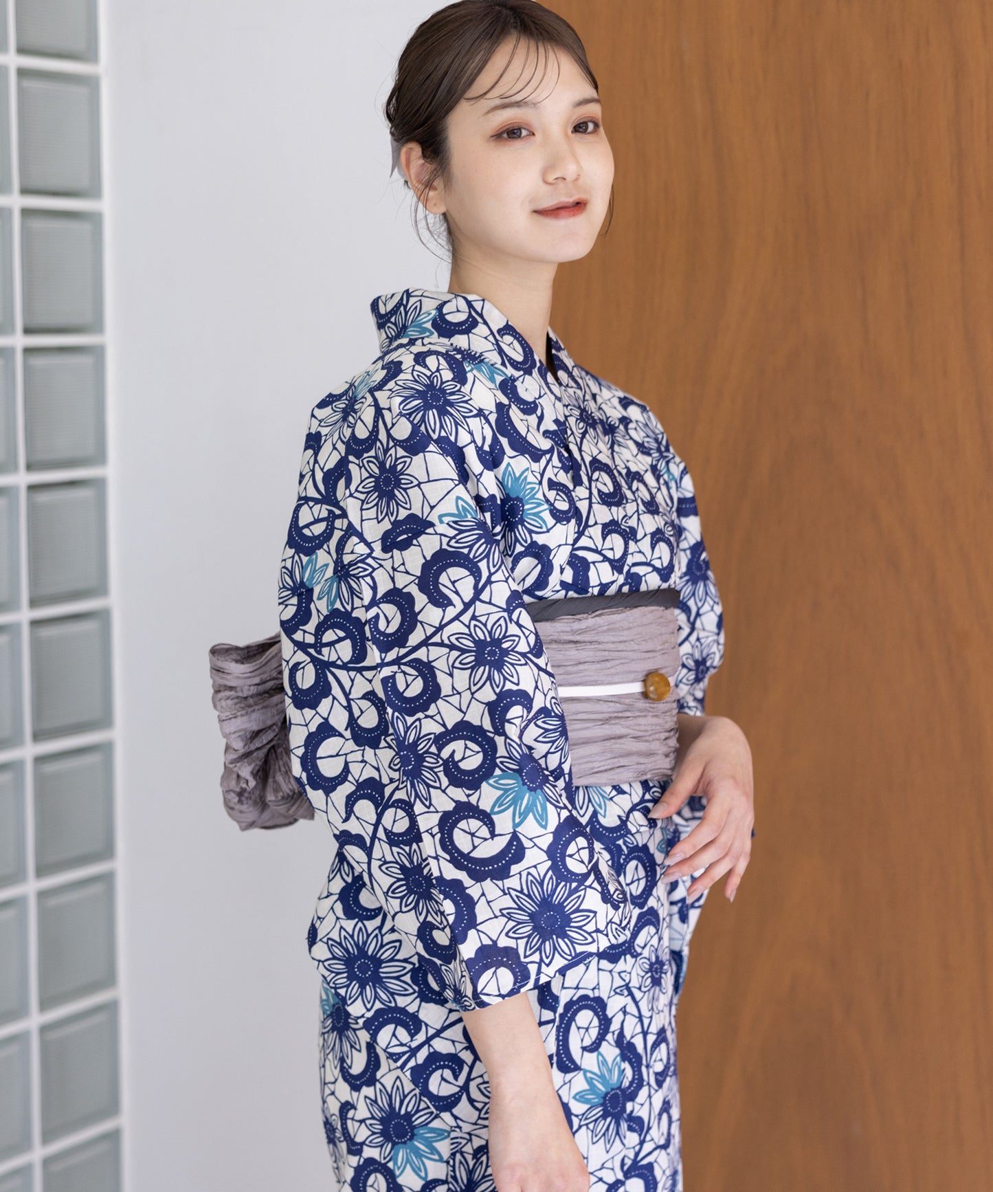 こだわり浴衣5点セット(浴衣/帯/下駄/腰紐/着付け冊子) 変わり織生地 ブルー ホワイト系