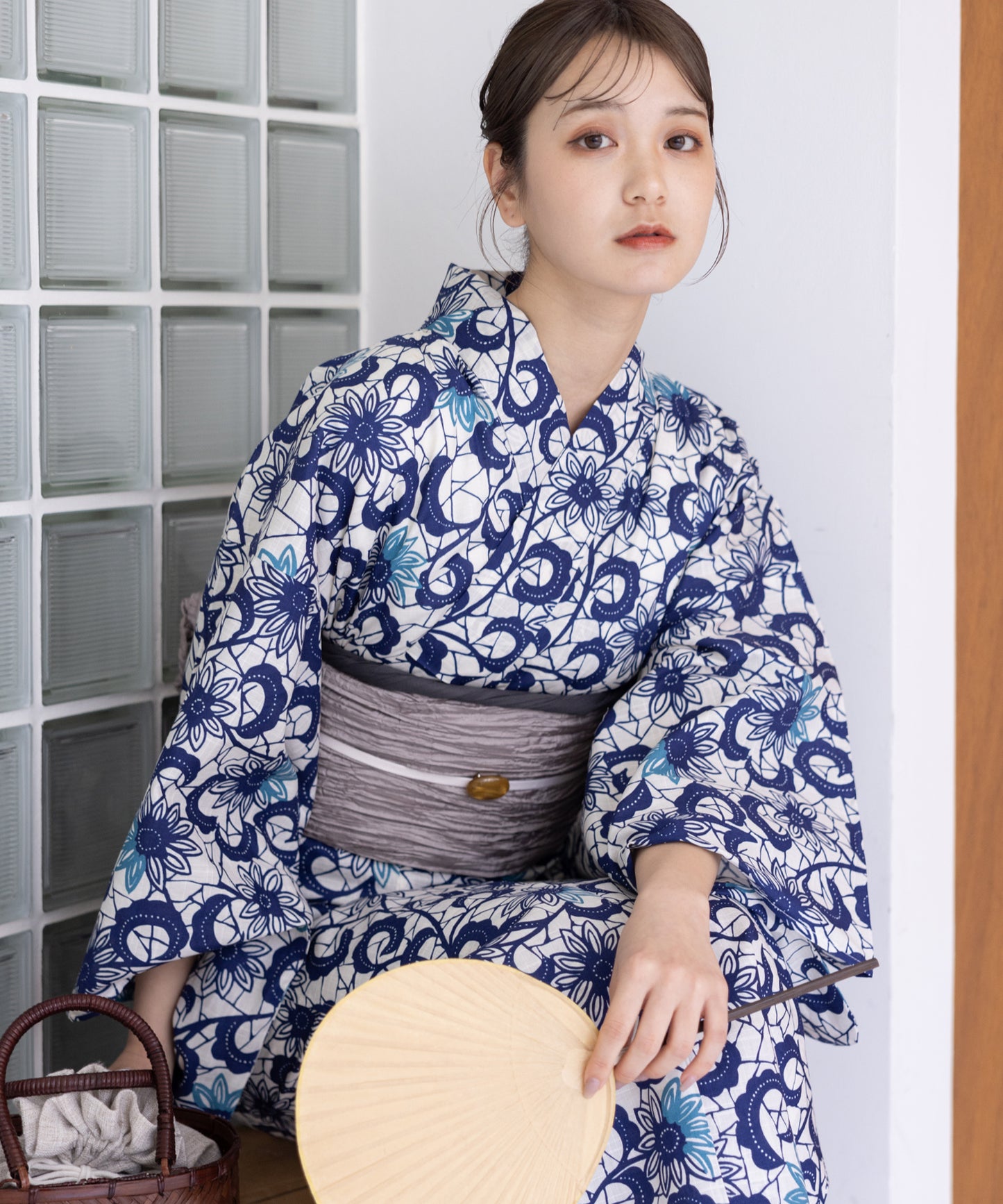 こだわり浴衣5点セット(浴衣/帯/下駄/腰紐/着付け冊子) 変わり織生地 ブルー ホワイト系