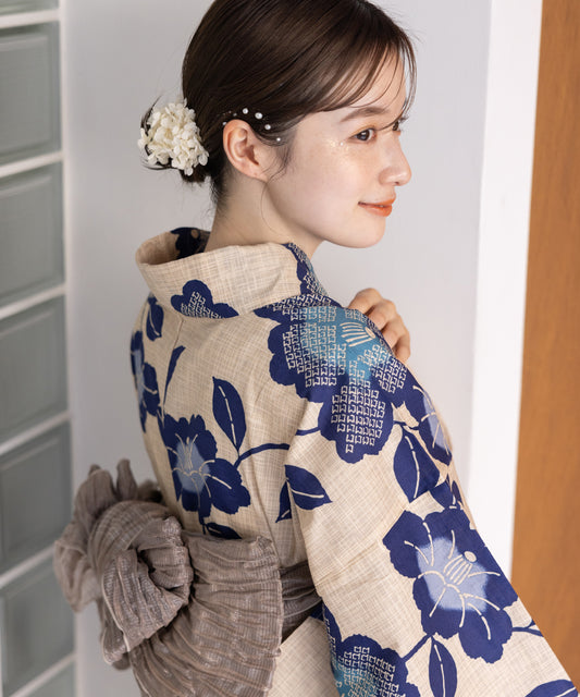 こだわり浴衣5点セット(浴衣/帯/下駄/腰紐/着付け冊子) 変わり織生地 ベージュ ブルー 椿 つばき