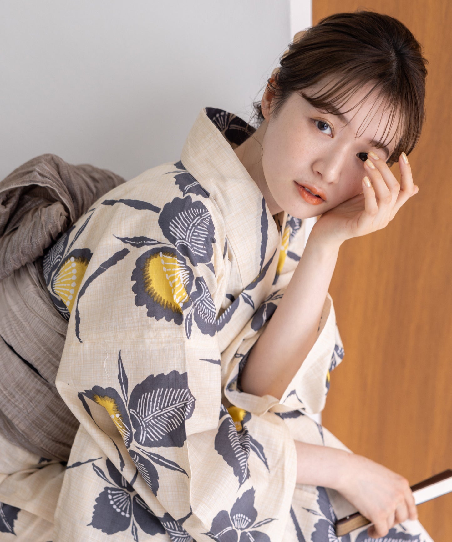 こだわり浴衣5点セット(浴衣/帯/下駄/腰紐/着付け冊子) 変わり織生地 イエロー 黄色