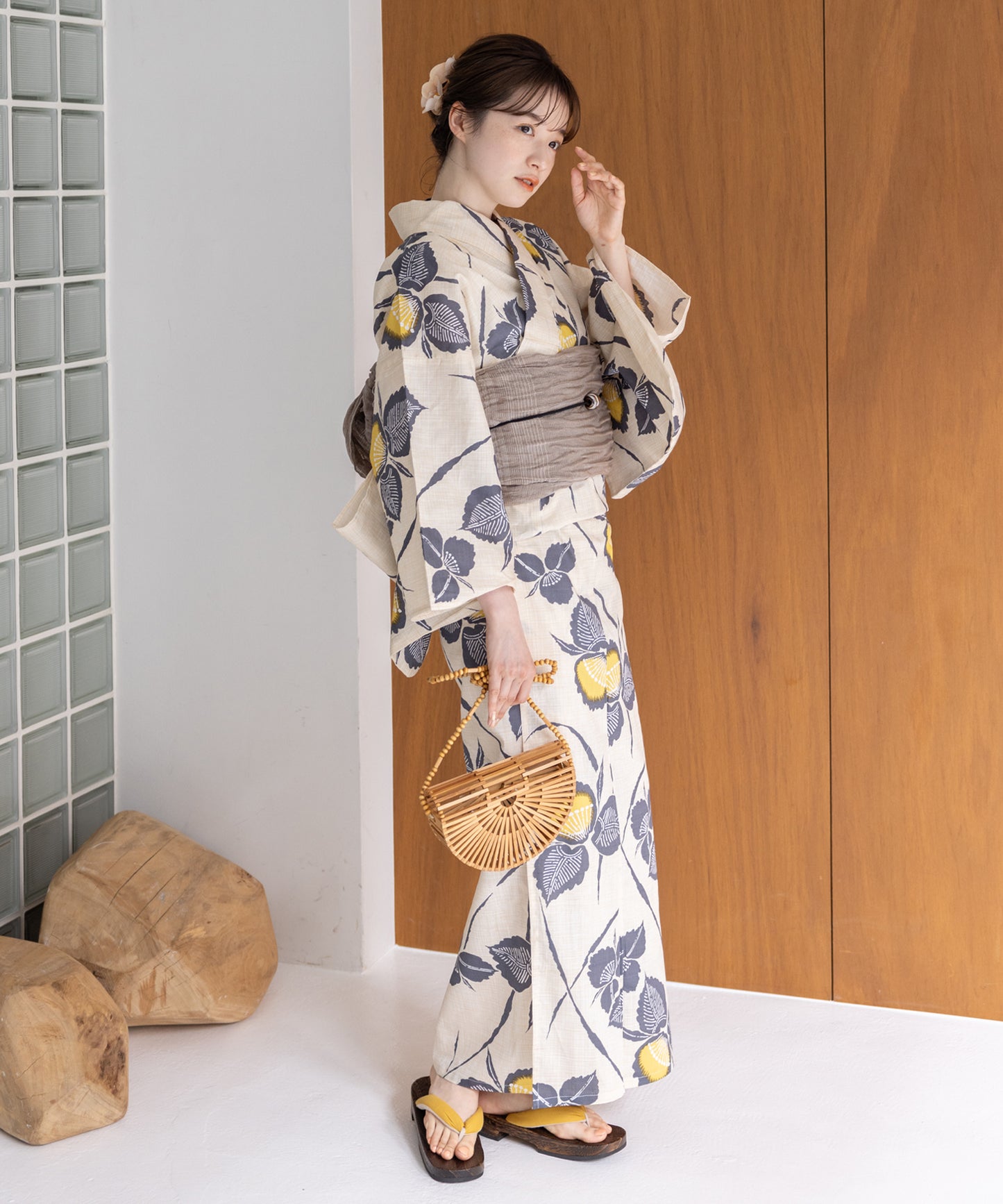 こだわり浴衣5点セット(浴衣/帯/下駄/腰紐/着付け冊子) 変わり織生地 イエロー 黄色